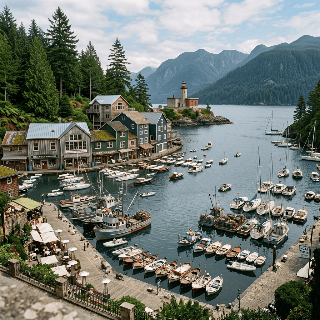 Colorful seaside village and boats in a Mediterranean harbor beneath mountains