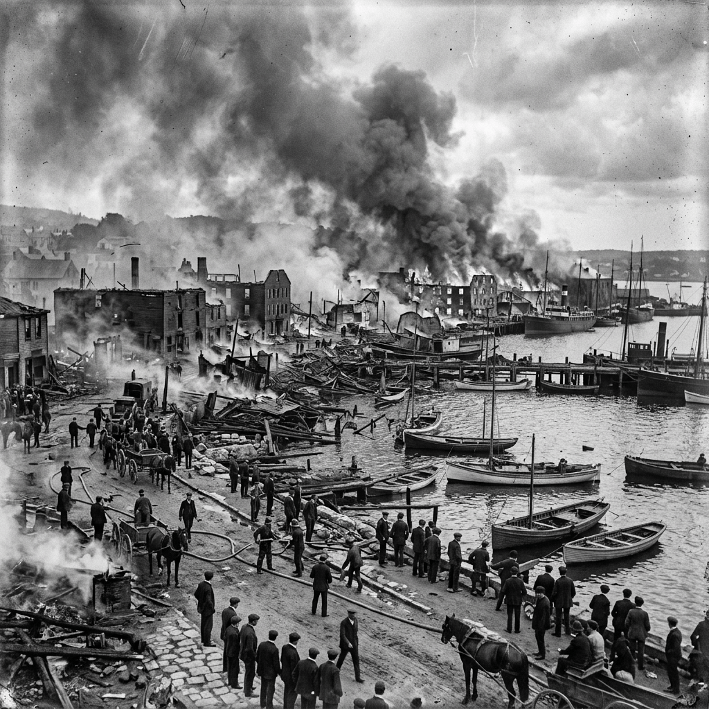 Crowds gather beside a burning harbor filled with damaged buildings and boats