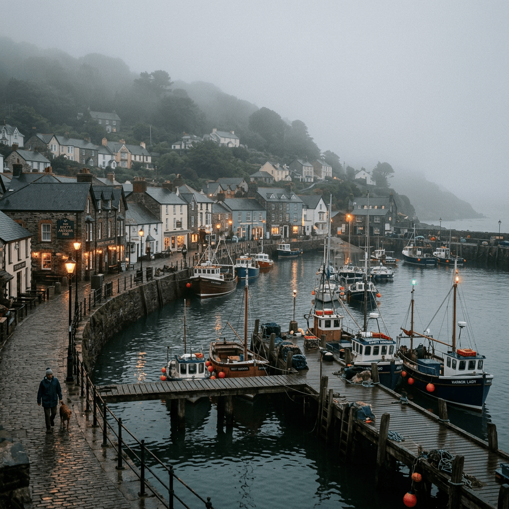 Fishing boats moored in a foggy coastal village harbor